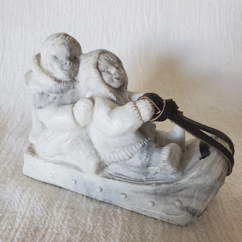 Vintage Aarktik Inuit Eskimo Children On A Sled Sculpture